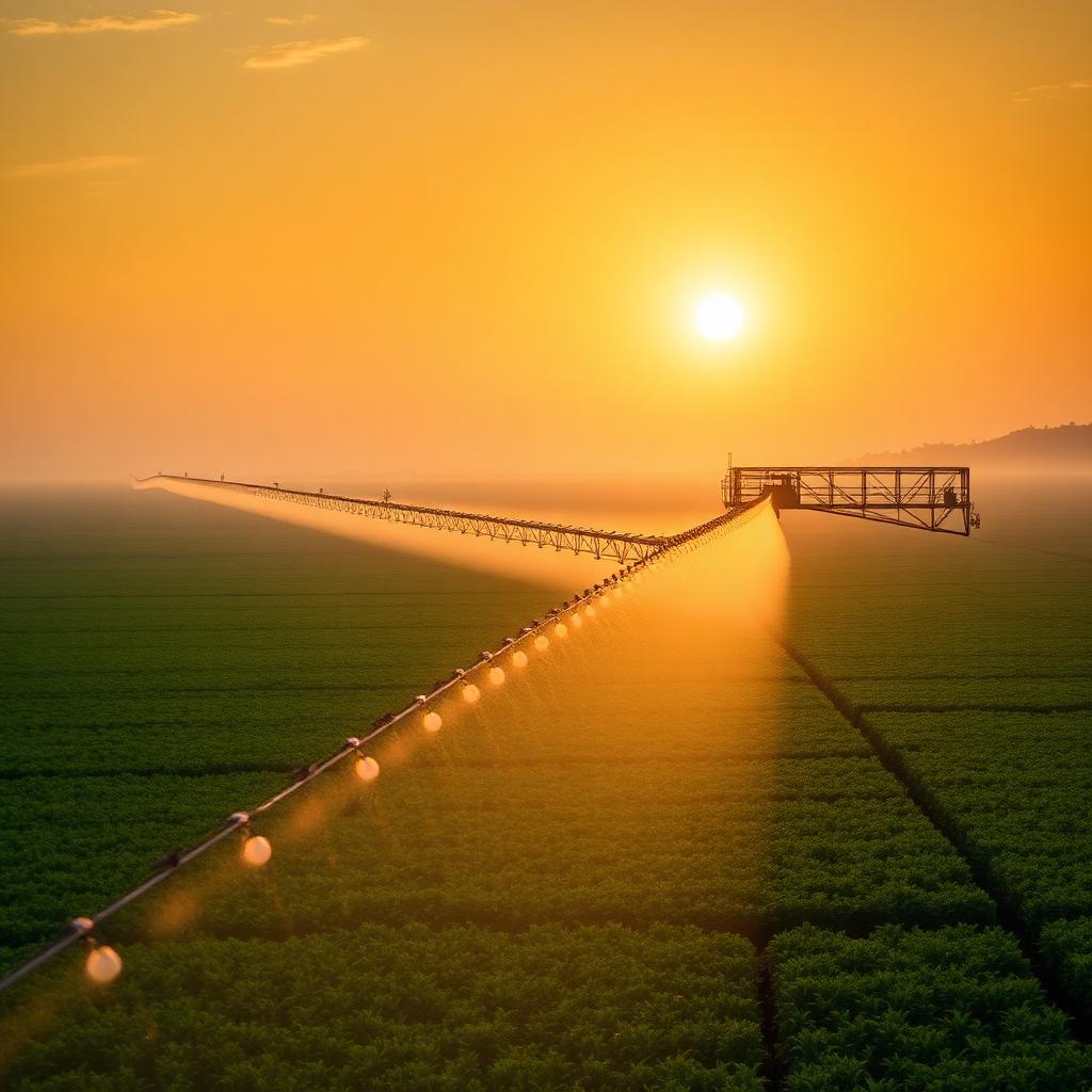 Precision irrigation across green fields at sunset